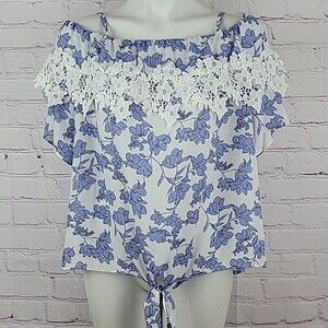 BCX White Blue and Black Floral Print Cold Shoulder Blouse/Top. Size XL.